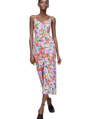 Zara Floral Summer Dress in‎ Pink, Orange, Green and Purple - XS